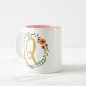 Initial Q: Botanische Blume Wreath Gold Monogram Zweifarbige Tasse (Vorderseite Links)