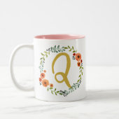 Initial Q: Botanische Blume Wreath Gold Monogram Zweifarbige Tasse (Links)