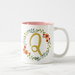 Initial Q: Botanische Blume Wreath Gold Monogram Zweifarbige Tasse