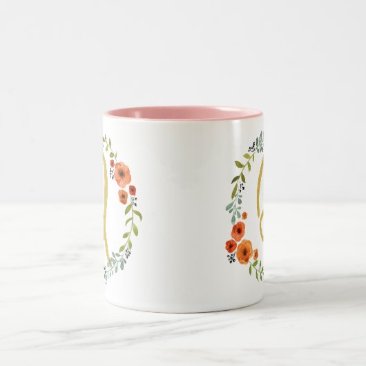 Initial Q: Botanische Blume Wreath Gold Monogram Zweifarbige Tasse (Mittel)