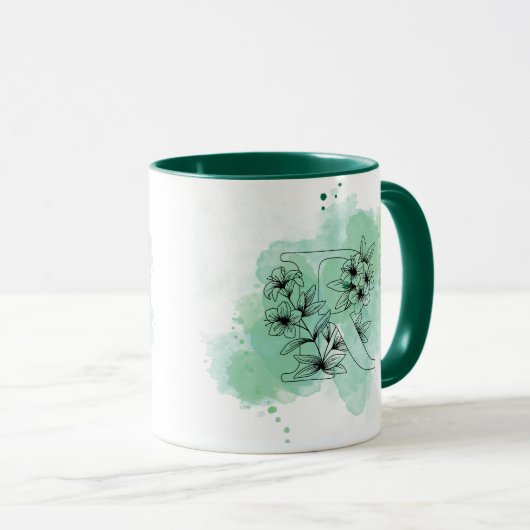 Initial R Aquarellmonogramm Grün Botanisch Tasse (VorderseiteRechts)