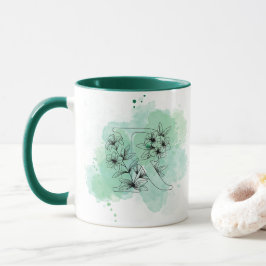 Initial R Aquarellmonogramm Grün Botanisch Tasse