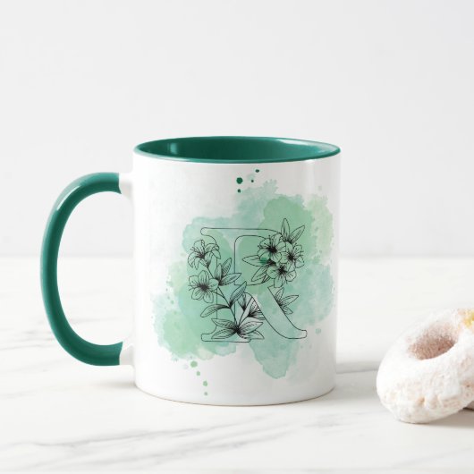 Initial R Aquarellmonogramm Grün Botanisch Tasse (Mit Donut)