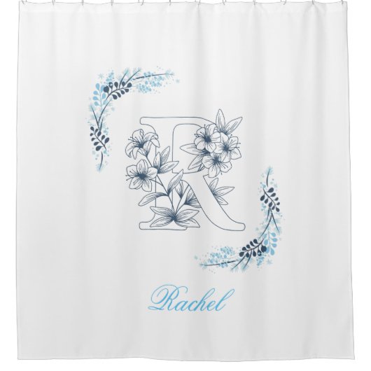 Initial "R" Blue Monogram Calm Floral Duschvorhang (Vorderseite)
