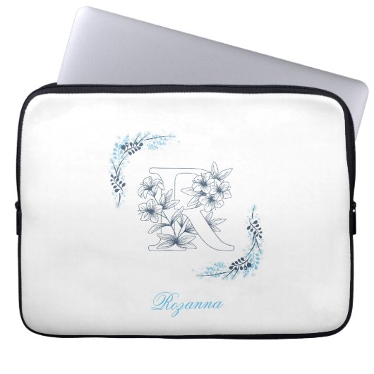 Initial "R" Blue Monogram Calm Floral Laptopschutzhülle (Vorderseite)