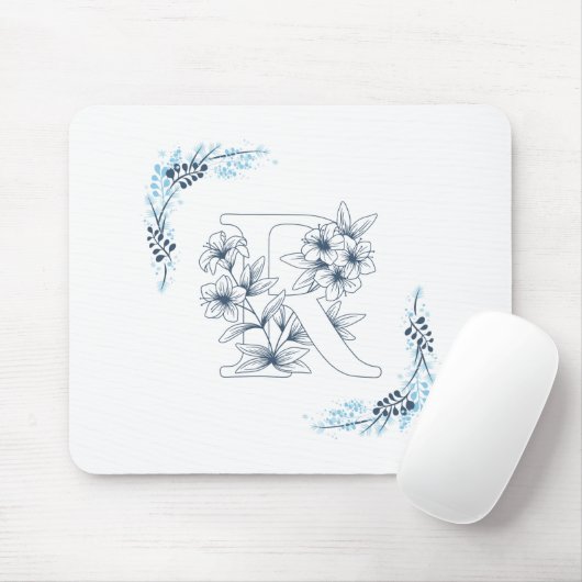 Initial "R" Blue Monogram Calm Floral Mousepad (Mit Mouse)