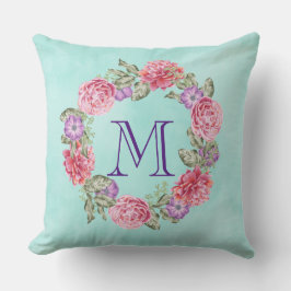 Initial rosa Floral Watercolor Wreath Monogramm Kissen