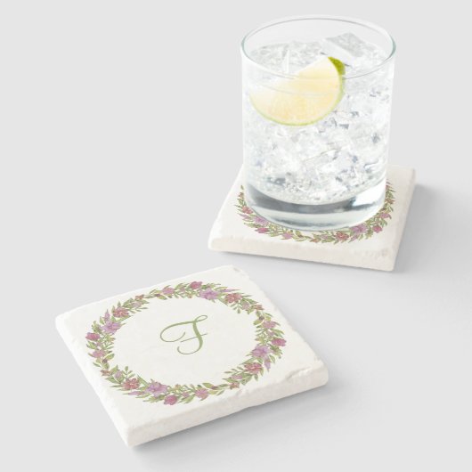 Initial rosa Lila grüne Blütenmonogramm Steinuntersetzer (Seitenansicht)