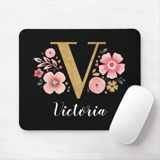 Initial rosa Schwarzer Buchstabe V Mousepad (Mit Mouse)