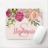 Initial rosafarbene Blumengrün Monogramm Name Mousepad (Mit Mouse)