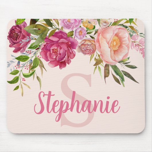 Initial rosafarbene Blumengrün Monogramm Name Mousepad (Vorne)