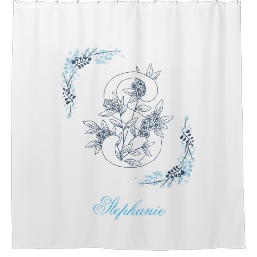 Initial "S" Blue Monogram Calm Floral Duschvorhang (Vorderseite)