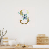 Initial S Golden and Blue Floral Monogram Poster (Küche)