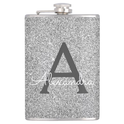 Initial Silver Glitzer und Sparkle Monogram Flachmann (Vorderseite)