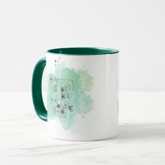 Initial T Aquarellmonogramm Grün Botanisch Tasse (Vorderseite Links)