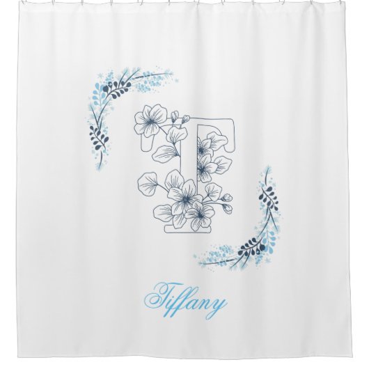 Initial "T" Blue Monogram Calm Floral Duschvorhang (Vorderseite)