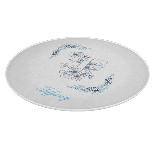Initial "T" Blue Monogram Calm Floral Schneidebrett (Ecke)