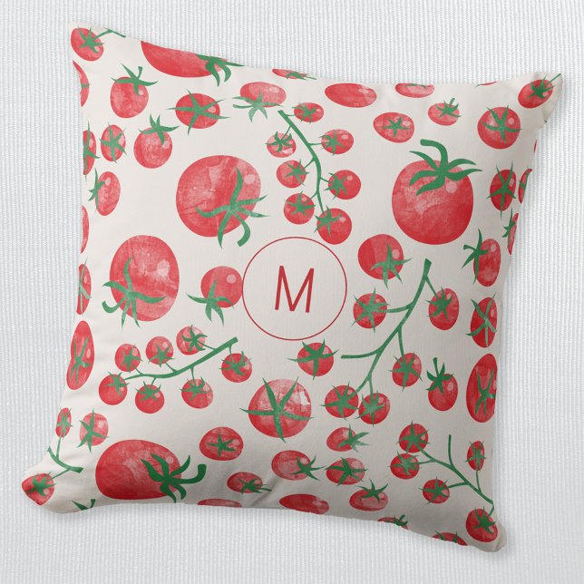 Initial Tomato Watercolor Mediterrane Monogramm Kissen (Fun watercolor tomato Mediterranean pattern monogram initial personalized throw pillow)