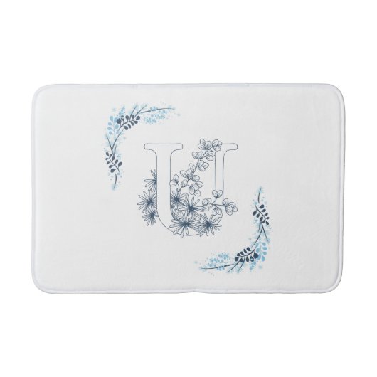 Initial "U" Blue Monogram Calm Floral Badematte (Vorderseite)
