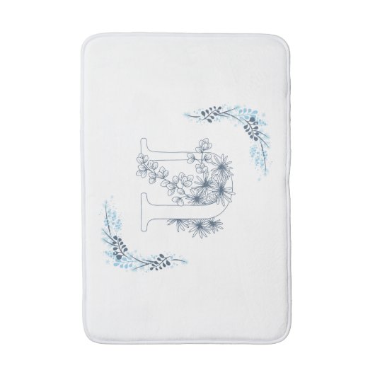 Initial "U" Blue Monogram Calm Floral Badematte (Vorderseite Vertikal)