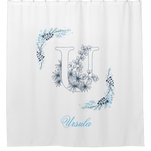 Initial "U" Blue Monogram Calm Floral Duschvorhang (Vorderseite)