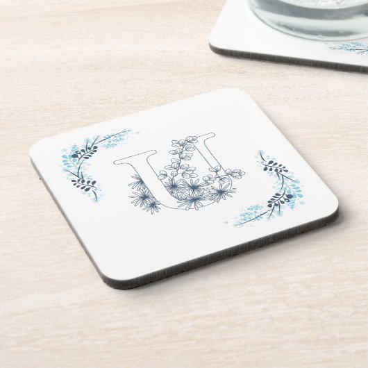 Initial "U" Blue Monogram Calm Floral Getränkeuntersetzer (Linke Seite)
