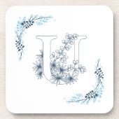 Initial "U" Blue Monogram Calm Floral Getränkeuntersetzer (Vorderseite)