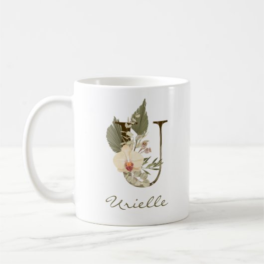 Initial U Boho Floral Orchid Greenery Individuelle Kaffeetasse (Links)
