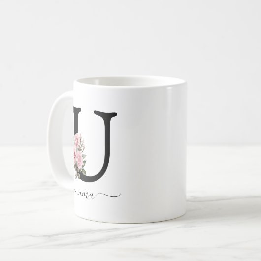 Initial U Monogram Floral Blume Rosenrosen Tasse (Vorderseite Links)