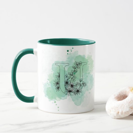 Initial U Watercolor Monogram Green Botanical Tasse (Mit Donut)