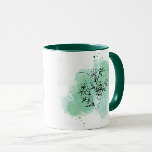 Initial V Aquarellfarbenmonogramm Grün Botanisch Tasse (VorderseiteRechts)