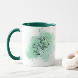 Initial V Aquarellfarbenmonogramm Grün Botanisch Tasse