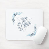 Initial "V" Blue Monogram Calm Floral Mousepad (Mit Mouse)