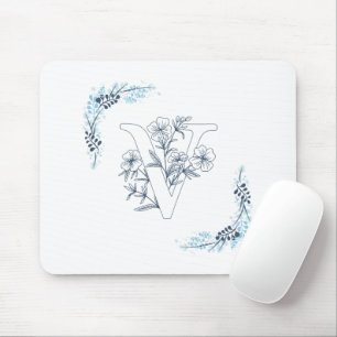 Initial "V" Blue Monogram Calm Floral Mousepad