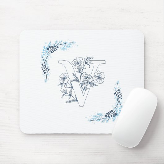 Initial "V" Blue Monogram Calm Floral Mousepad (Mit Mouse)