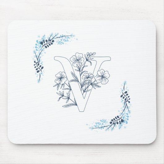 Initial "V" Blue Monogram Calm Floral Mousepad (Vorne)