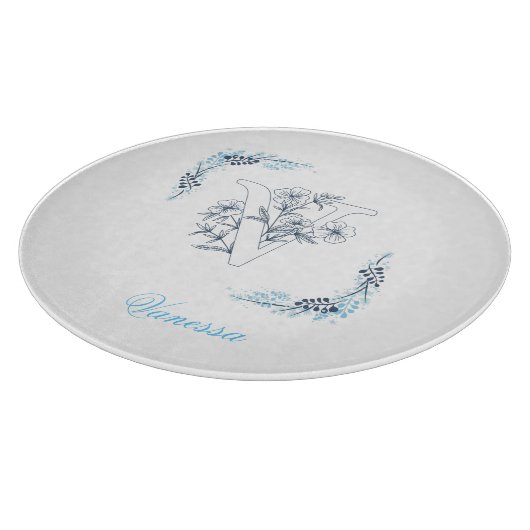 Initial "V" Blue Monogram Calm Floral Schneidebrett (Ecke)