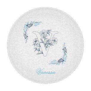 Initial "V" Blue Monogram Calm Floral Schneidebrett