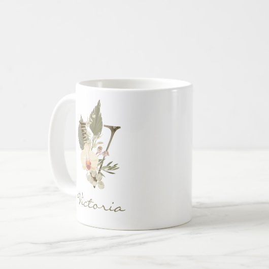 Initial V Boho Floral Orchid Greenery Individuelle Kaffeetasse (Vorderseite Links)
