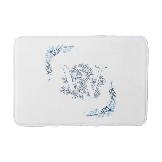 Initial "W" Blue Monogram Calm Floral Badematte (Vorderseite)