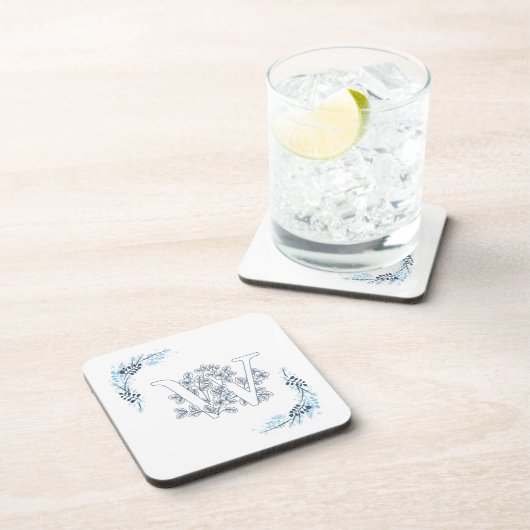 Initial "W" Blue Monogram Calm Floral Getränkeuntersetzer (Rechte Seite)