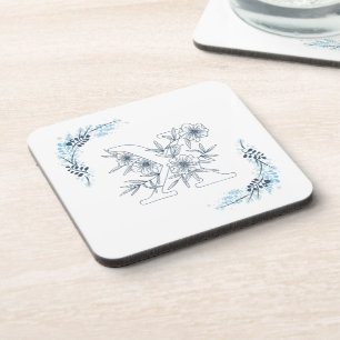 Initial "X" Blue Monogram Calm Floral Getränkeuntersetzer