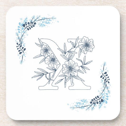 Initial "X" Blue Monogram Calm Floral Getränkeuntersetzer (Vorderseite)