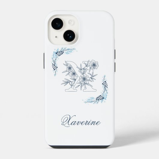 Initial "X" Blue Monogram Calm Floral iPhone Hülle (Rückseite)