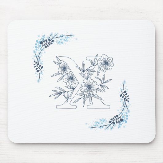 Initial "X" Blue Monogram Calm Floral Mousepad (Vorne)