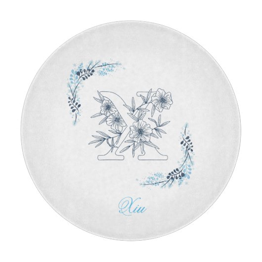 Initial "X" Blue Monogram Calm Floral Schneidebrett (Vorderseite)