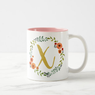 Initial X: Botanische Blume Wreath Gold Monogram Zweifarbige Tasse