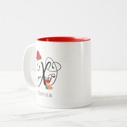 Initial X Name Elegant Modernes Skript Weihnachten Zweifarbige Tasse (Vorderseite Links)