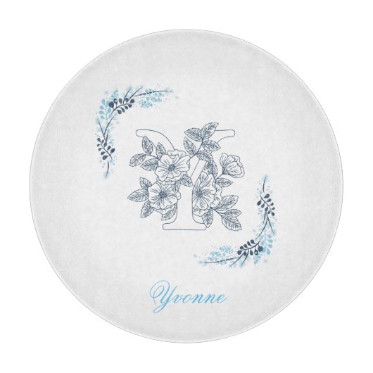 Initial "Y" Blue Monogram Calm Floral Schneidebrett (Vorderseite)