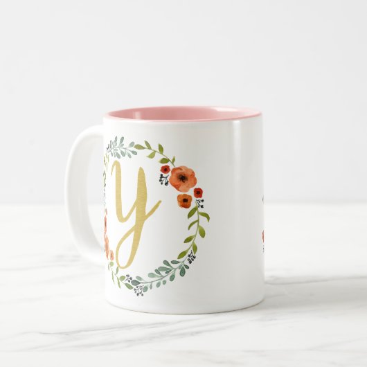 Initial Y: Botanische Blume Wreath Gold Monogram Zweifarbige Tasse (Vorderseite Links)